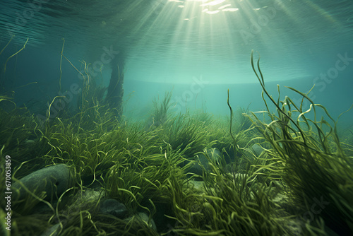 Colorful water reef with green algae and with sun rays underwater