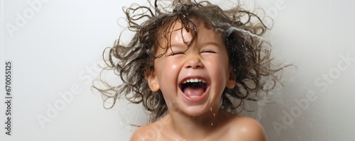 Happy young toddler girl in fresh shower on white background Generative AI
