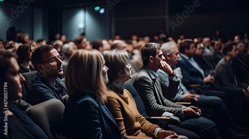 an audience in an auditorium watching a presentation, Rear view of people in audience at the conference hall, Speaker giving a talk in conference hall at business event