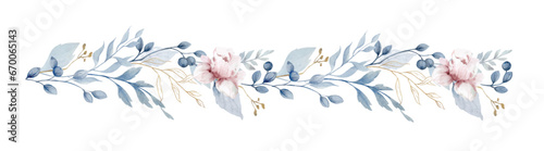 Watercolor vector floral border. Dusty blue, blush flowers and branches garland. Hand drawn illustration.
