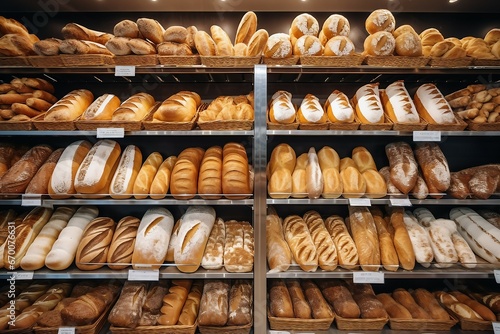 Breads on supermarket shelves, Different bread, baguettes, bagels, bread buns, and a variety of other fresh bread on display on grocery store bakery shelves, bread in a bakery,bread buns on baker shop