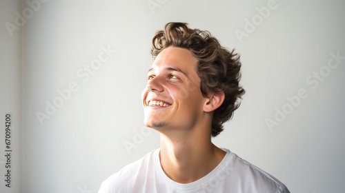 Cheerful young man, happy young man with light pink background, emotions on man's face 