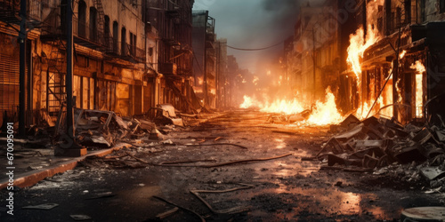 Burning street in destroyed city.