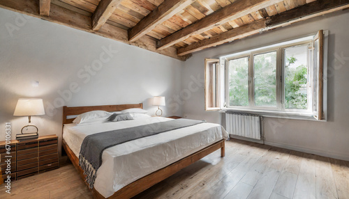 open plan empty master bedroom with parquet floors wooden beams and air conditioning in rustic style