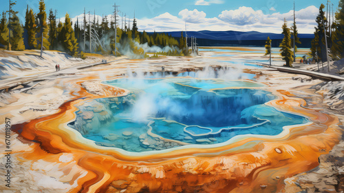 oil painting on canvas, Grand Prismatic Spring in Yellowstone National Park. USA.