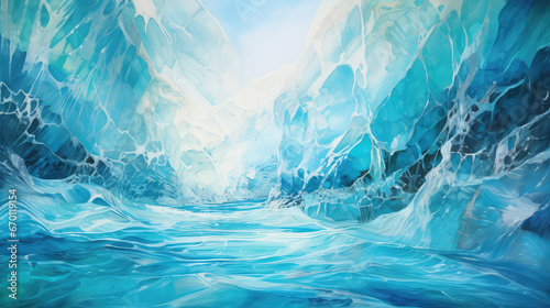oil painting on canvas, Inside an ice cave in Vatnajokull, Iceland. The ice is thousands of years old and so packed it is harder than steel and crystal clear. USA.