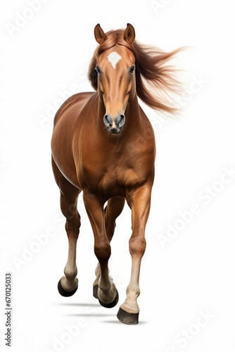 A galloping brown horse with a distinctive white spot