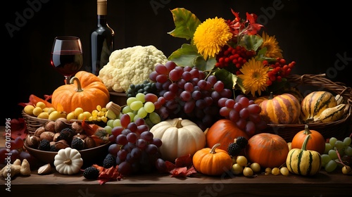 Uma imagem exibindo uma mesa de Ação de Graças lindamente decorada, com destaque para uma cornucópia transbordando de produtos coloridos de outono. 