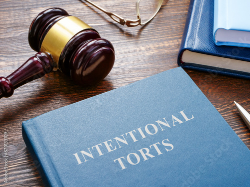 Intentional torts book with gavel as symbol of law.