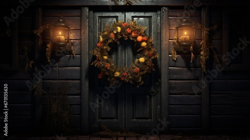 A hauntingly beautiful Midnight Marigold wreath hanging on the door of a forgotten, moonlit cottage. Render this at 8K resolution with impeccable detail.