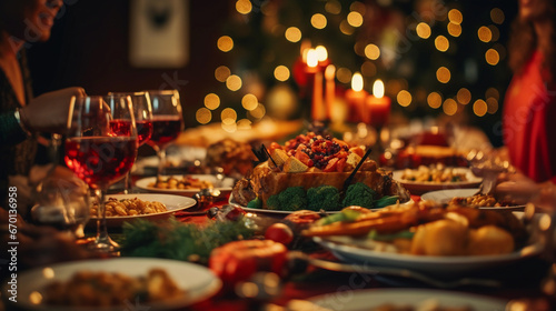 Luxury christmas dinner table, people are gathered and enjoy full of dishes, snacks and wine glasses