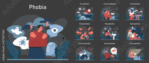 Phobia dark or night mode set. Human's irrational inner fears and panic. Mental disorder, feeling of threat and danger. Psychology and mental therapy. Flat vector illustration