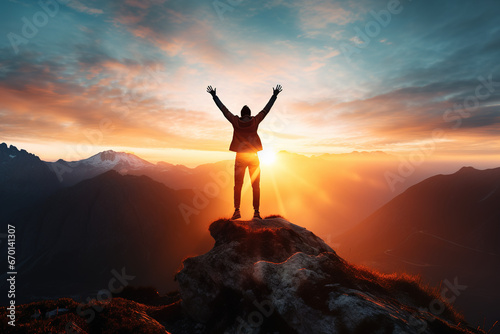 human jumping on top of a mountain at sunrise with arms raised and a sunrise in the background