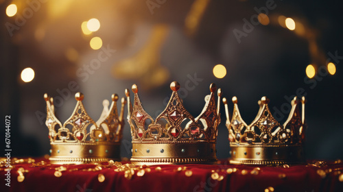 Traditional Crowns of the Three Magi on a Christmas Background