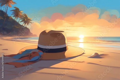 Um chapéu na areia da praia num lindo por do sol. Chapéu de palha feminino na beira do mar, férias no litoral tropical.