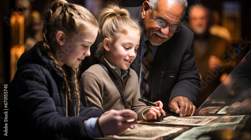 A child engrossed in an interactive history lesson on a digital tablet, surrounded by historical figures