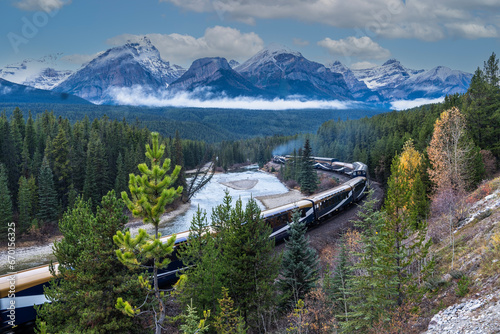 train moving along Bow river in Canadian Rockies ,Banff National Park, Canadian Rockies,Canada 