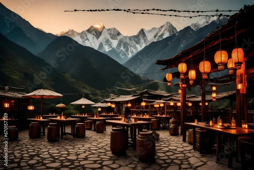 Serene rustic cafe spotted with lanterns in a village viewing out to the mountains