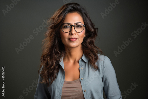 Portrait of a beautiful indian woman with long curly hair on a dark background.