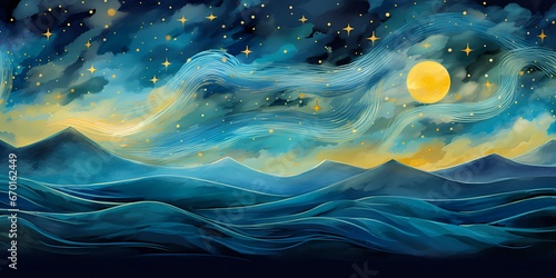 banner background, Fairytale magical sky with stars and moon. Gentle ocean waves on the bottom. Mystery scene for stargazers for mobile web, labels and adds. Vibrant teal, blue and yellow colors. chan