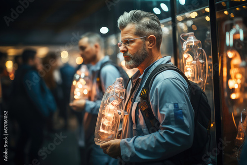 A technician closely examines a vintage-style light bulb in an industrial setting, ensuring its quality and functionality.