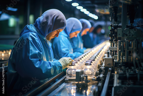 Dedicated technicians working diligently on a production line in a high-tech laboratory setting.