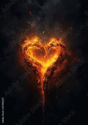 Fire in heart shape from burning and glowing with sparks on black background. Valentine's Day concept.
