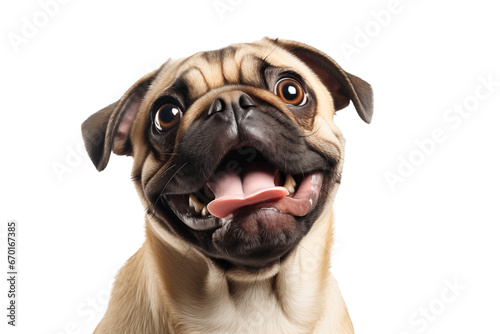Happy pug dog looking up. PNG banner with transparent background.