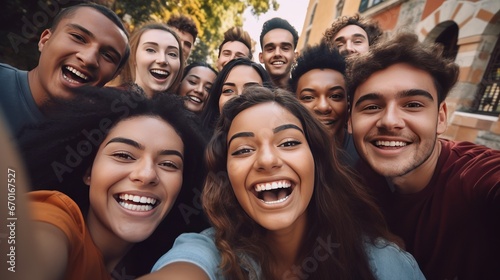 Multi ethnic student guys and girls taking selfie outdoors. Happy lifestyle friendship concept with young multicultural people having fun day together