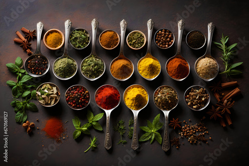 spices and herbs in spoons on a wooden table top view