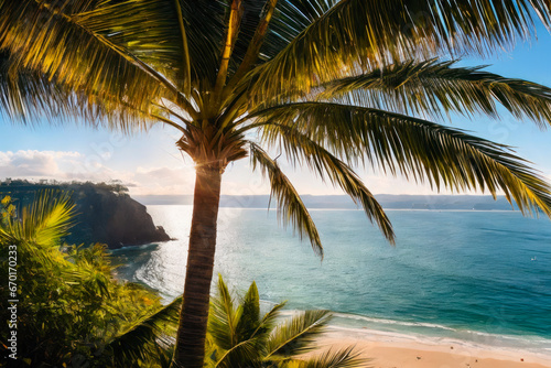 Digital photo of a the lush green foliage of a towering palm tree, with its broad fronds swaying in the ocean breeze. Wildlife concept of ecological environment