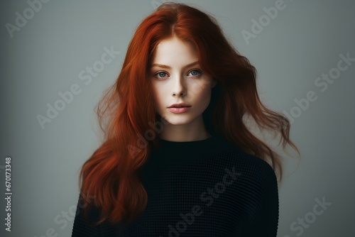 1990s elegant minimalistic fashion, female model with red hair wearing black dress. generative AI