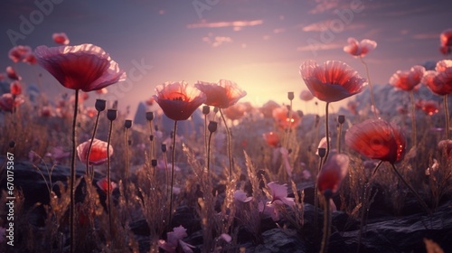 A Pearl Poppy field at twilight, with the flowers bathed in the soft, golden glow of the setting sun.