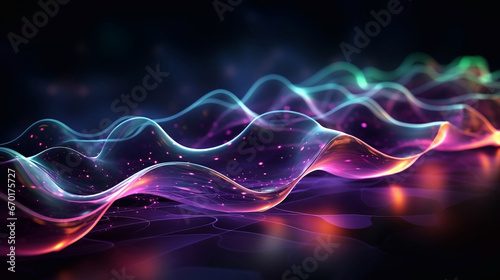 Abstract blue, purple, red, green, and black wavy background. Illustration, wallpaper.