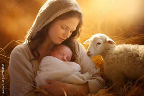 Mary with her newborn son and lamb in the hay, Nativity of Jesus