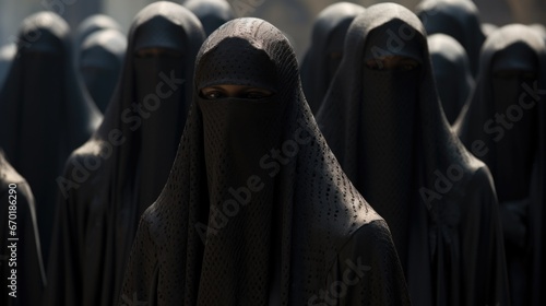 A group of women wearing black hijab. Generative AI.