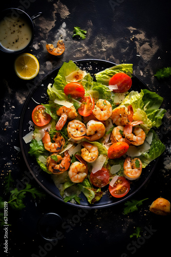 Caesar salad with grilled shrimp on a dark background, top view. Photo for the menu.