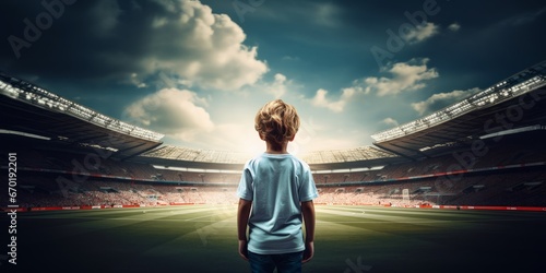 Little kid from the back standing in the middle of football stadium and dreaming become football soccer player