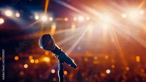 Close up of microphone in concert hall. Empty concert hall.