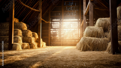 Dry hay stacks in rural wooden barn interior on the farm.