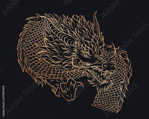 Golden silhouette of outline oriental dragon snake on dark blue background. Gothic vintage poster with Asian mythology linear reptile or monster, devil for t-shirts of tattoo