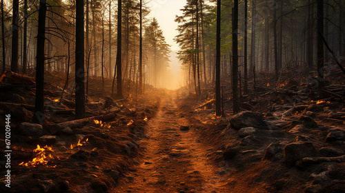 A forest devastated by wildfires, illustrating the increased frequency and intensity of fires due to climate change