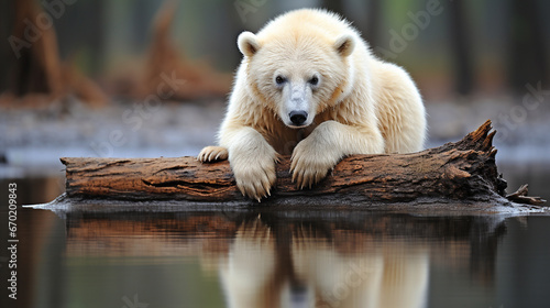 A sad polar bear looking at its reflection in melting ice, reflecting the plight of Arctic wildlife