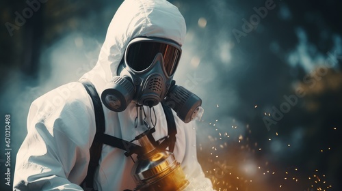 a Professional in a mask and white protective suit sprays toxic gas as part of a pest control service. Cleaning concept.