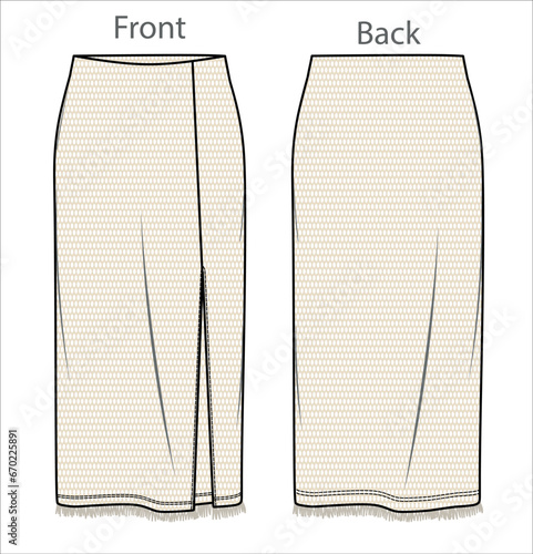 Vector midi skirt with crochet fabric fashion CAD, woman jersey or woven fabric maxi skirt with side slit technical drawing, flat, sketch, template, mock up. Front back view, white color