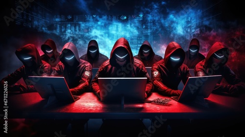 A high-tech, intense image featuring a blue team and a red team in sleek hacker-like attire. They defend a network against a breach, using encryption algorithms and glowing lines. The dark background
