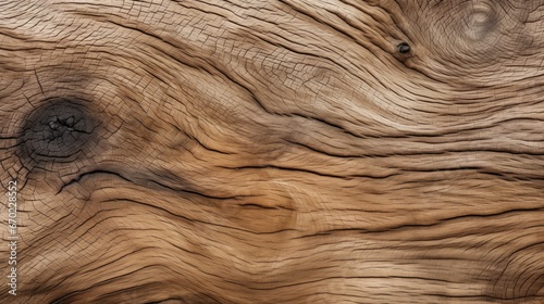 Close-up of knotted oak wood texture with rugged bark, showcasing interplay of light and shadow. Detailed and weathered, this rustic wooden surface forms a natural pattern
