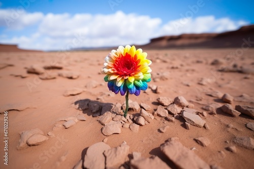 Eine Blume in Regenbogenfarben steht in der Wüste