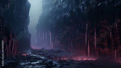 An alien waterfall of liquid crystal cascading down a jagged, glowing rock face on an extraterrestrial planet.