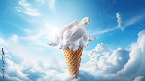 Advertising shot, flying in the clouds ice cream in cone with colorful sugar sprinkles and gelatins